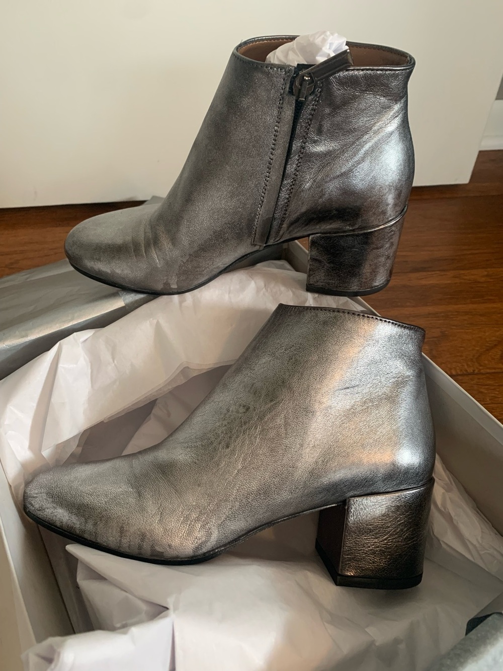 Metallic Silver Leather Ankle Boots